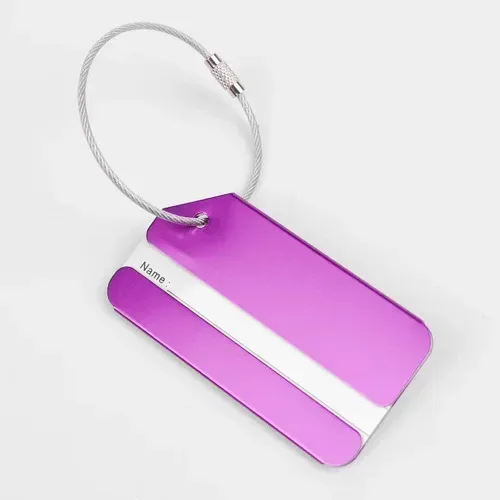 étiquette bagage métallique rectangulaire bande blanche anneau suspension couleurs variées voyage identification valise embarquement