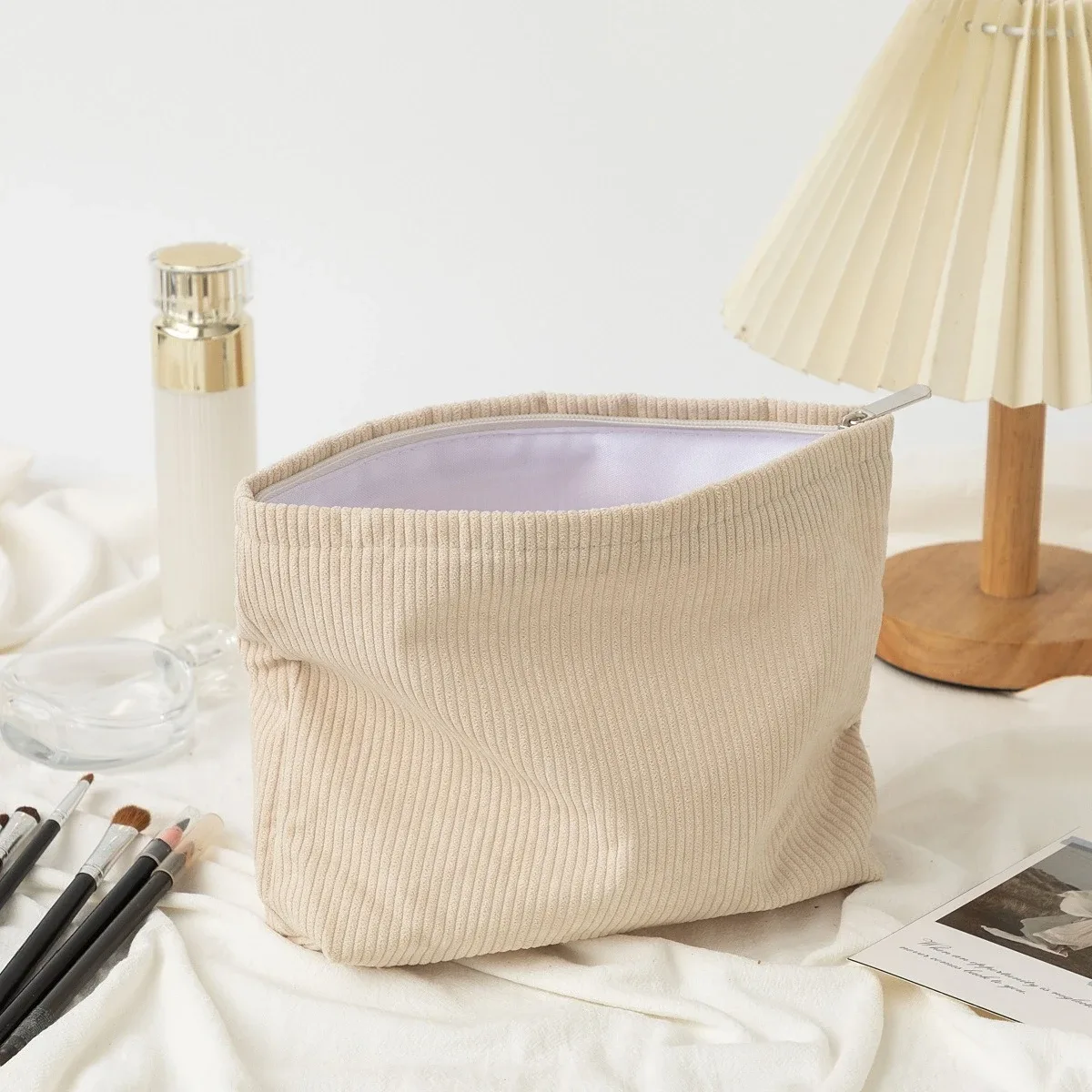 sac à cosmétiques en velours côtelé pour femmes, organisateur de maquillage coréen de couleur unie, pochette de toilette de voyage, trousse de beauté