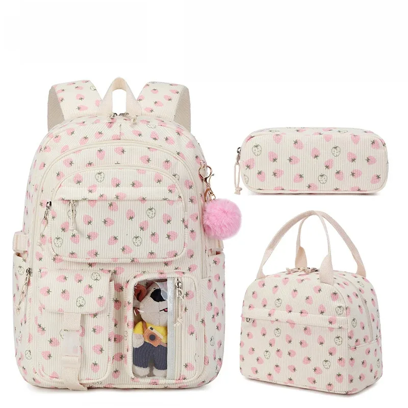 sac à dos scolaire en velours côtelé 3 pièces/ensemble avec sac à déjeuner et trousse à crayons, sac à dos mignon pour filles, sac à dos à motif fraise pour adolescentes et femmes
