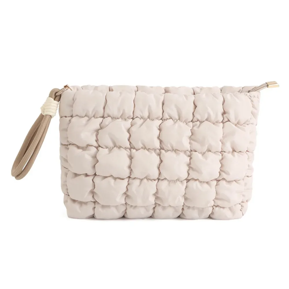 sac de maquillage matelassé bouffant mignon, sac à cosmétiques pour femmes et filles, pochette de toilette de voyage bouffante, sac à fermeture éclair à carreaux, sac de rangement de maquillage