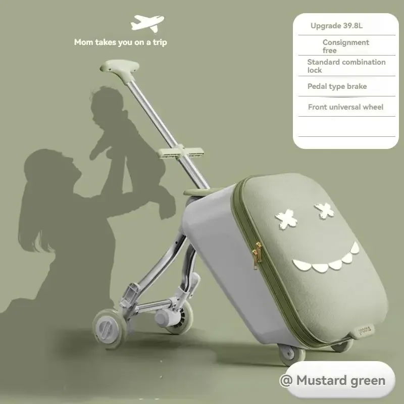 valise chariot enfant boisserie amovible tissu doux vert clair visage souriant voyage jeu éducation transport