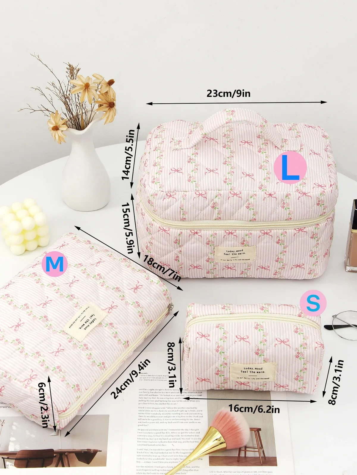 sac de maquillage en coton matelassé pour femmes, 1 pièce, mignon, fermeture éclair, organisateur de cosmétiques, sac à main en tissu en forme de boîte, trousse de toilette portable pour filles