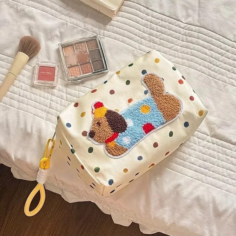 sac à cosmétiques teckel mignon de dessin animé avec corde, sac de rangement de lavage de voyage portable de grande capacité pour femmes, sac de maquillage de toilette à fermeture éclair