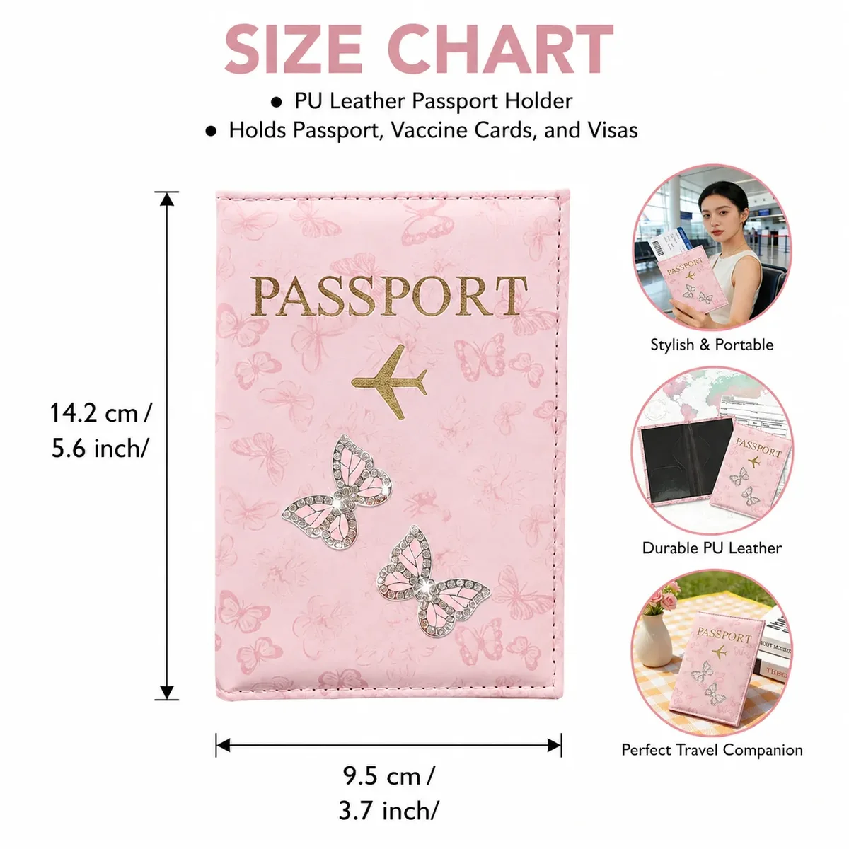 porte-passeport en cuir pu rose papillon, étui de voyage orné de strass avec emplacements pour cartes pour femme, cadeau idéal pour les vacances à l'aéroport