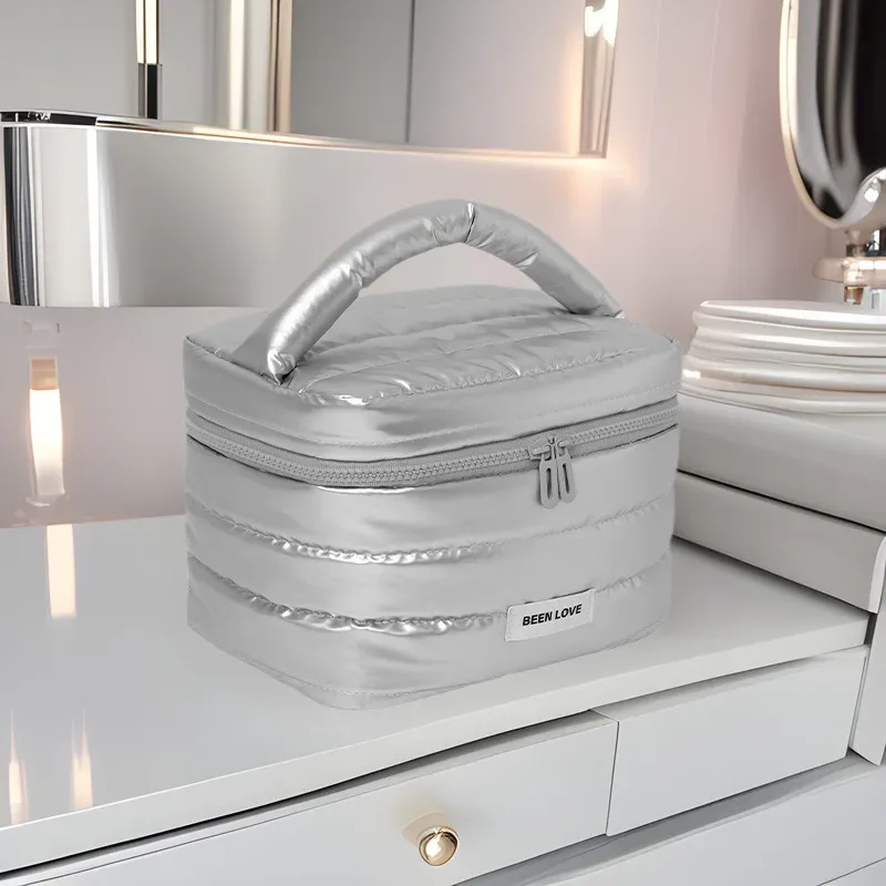 trousse toilette coton composite fermeture éclair violet argent noir voyage multi compartiments cosmétiques maquillage