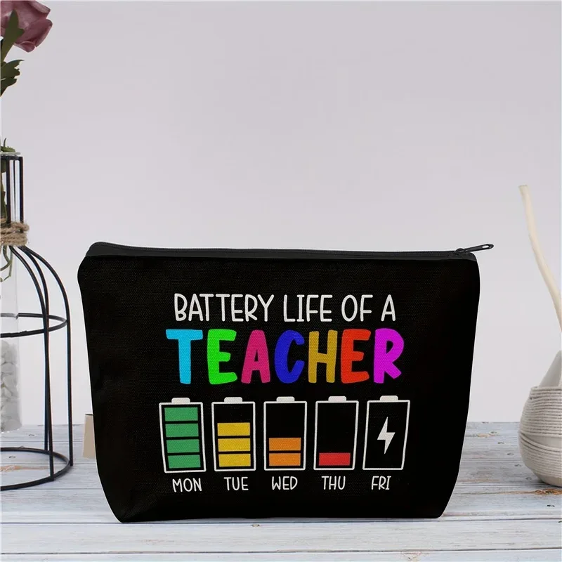trousse de maquillage sur le thème des enseignants, avec un motif amusant illustrant la durée de vie de la batterie, fermeture éclair résistante, idéale pour les produits de beauté, les fournitures scolaires, les collations, pour les enseignants.