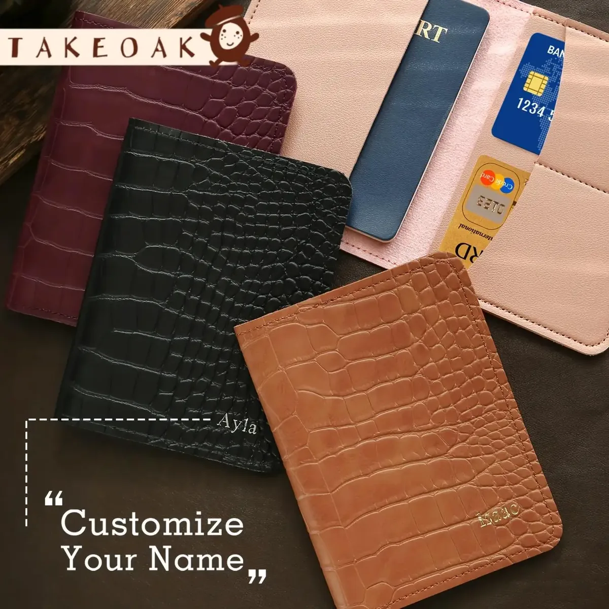 Housse de passeport en cuir PU texturé crocodile de luxe avec nom personnalisé en feuille d'or, organiseur de documents de voyage multi-emplacements, cadeau souvenir