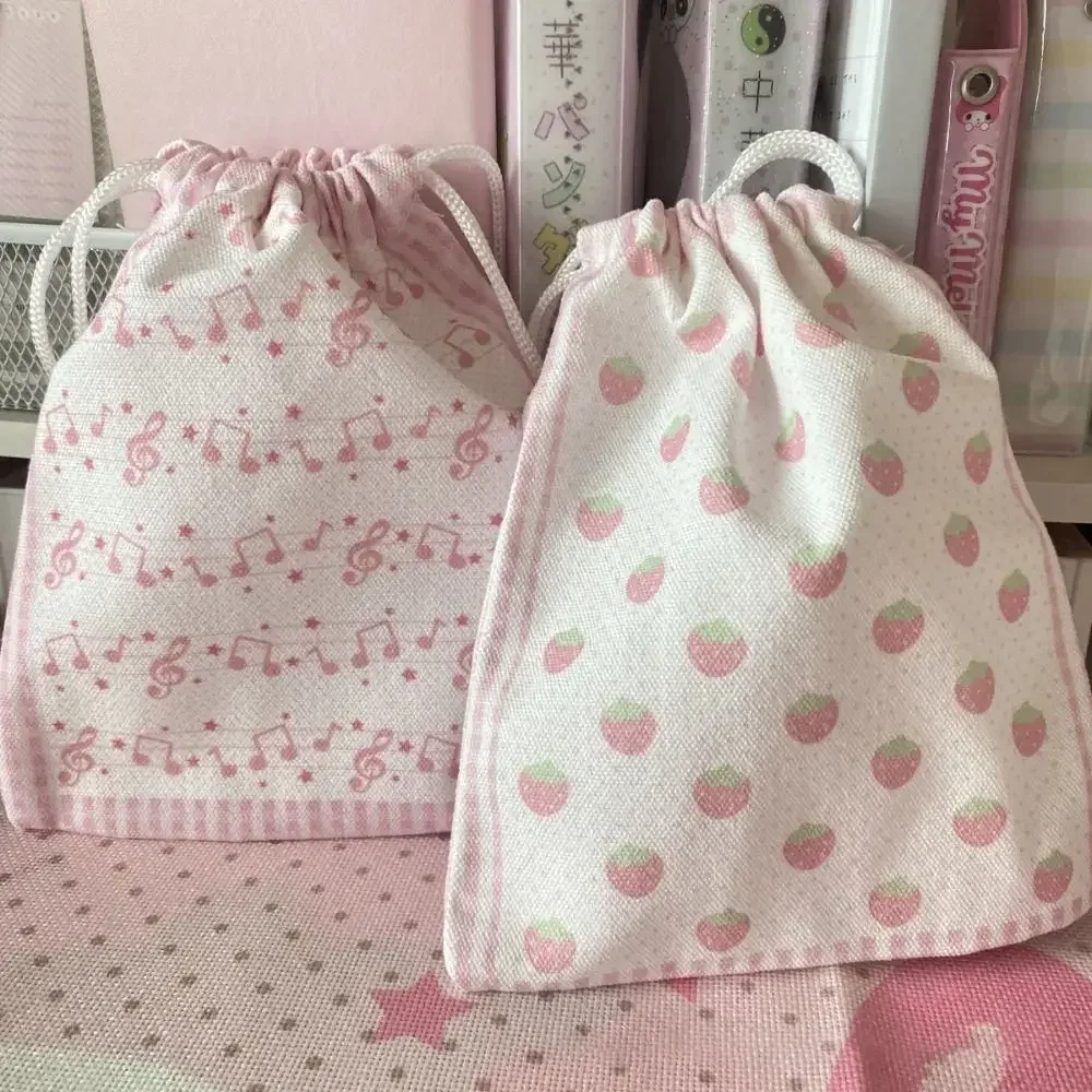 nouvelle pochette à cordon grande capacité motif fraise et note de musique, sac à monnaie portable, pochette de rangement pour maquillage, cadeau, motif dessin animé