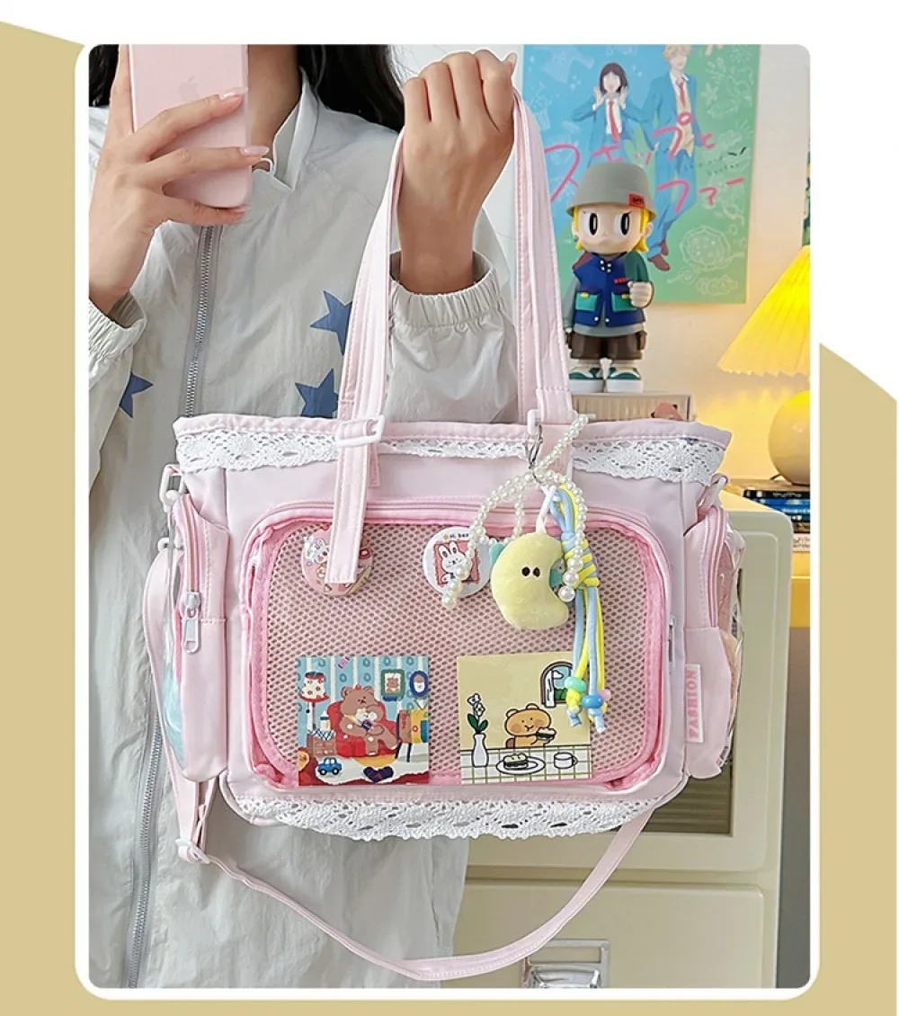 sac fourre-tout ita bag kawaii jaune en dentelle, grande capacité, avec fenêtre transparente pour l'affichage des badges anime, sac à bandoulière lolita mignon pour com