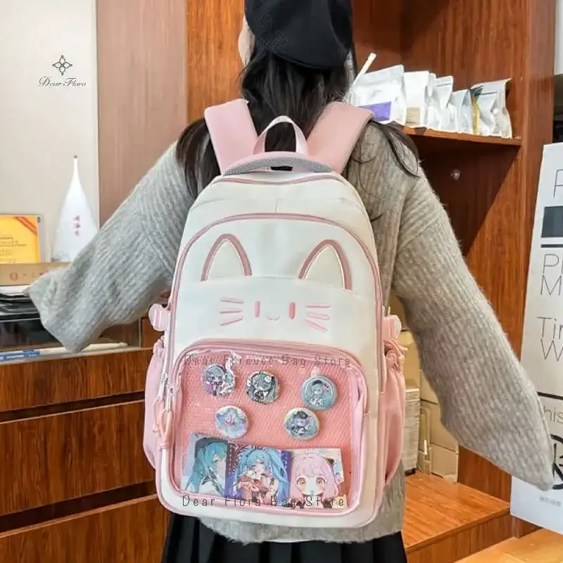 sacs à dos y2k mignons motif chat, grande capacité, sac à dos décontracté pour fille, sac à dos transparent diy, cartable de voyage tendance à motif dessin animé