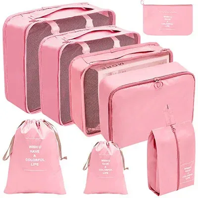 organisateur voyage polyester beige clair tissu imperméable poches maille transparente fermetures glissière poignées intégrées grande taille