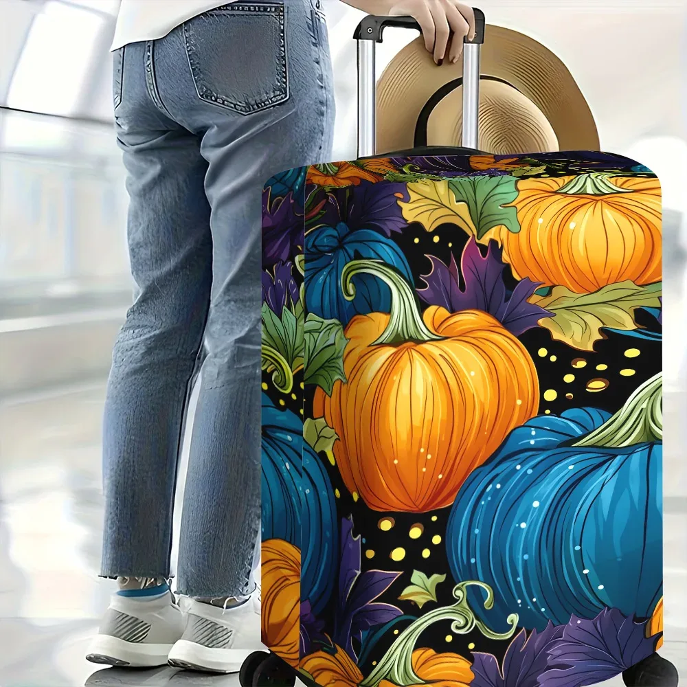 housse valise polyester motif citrouilles orange bleues fond noir feuilles vertes violet protection voyage