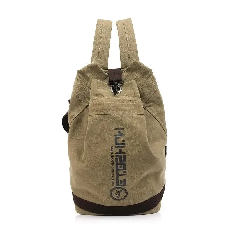 sac dos toile beige bandes marron imprimé lettres noires ouverture large format trapézoïdal capacité litres usage voyage