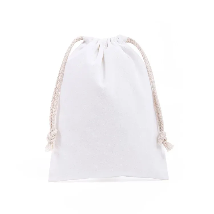 sac d'emballage en toile de coton et polyester avec cordon de serrage, personnalisable avec logo, blanc uni, pour cadeaux et rangement
