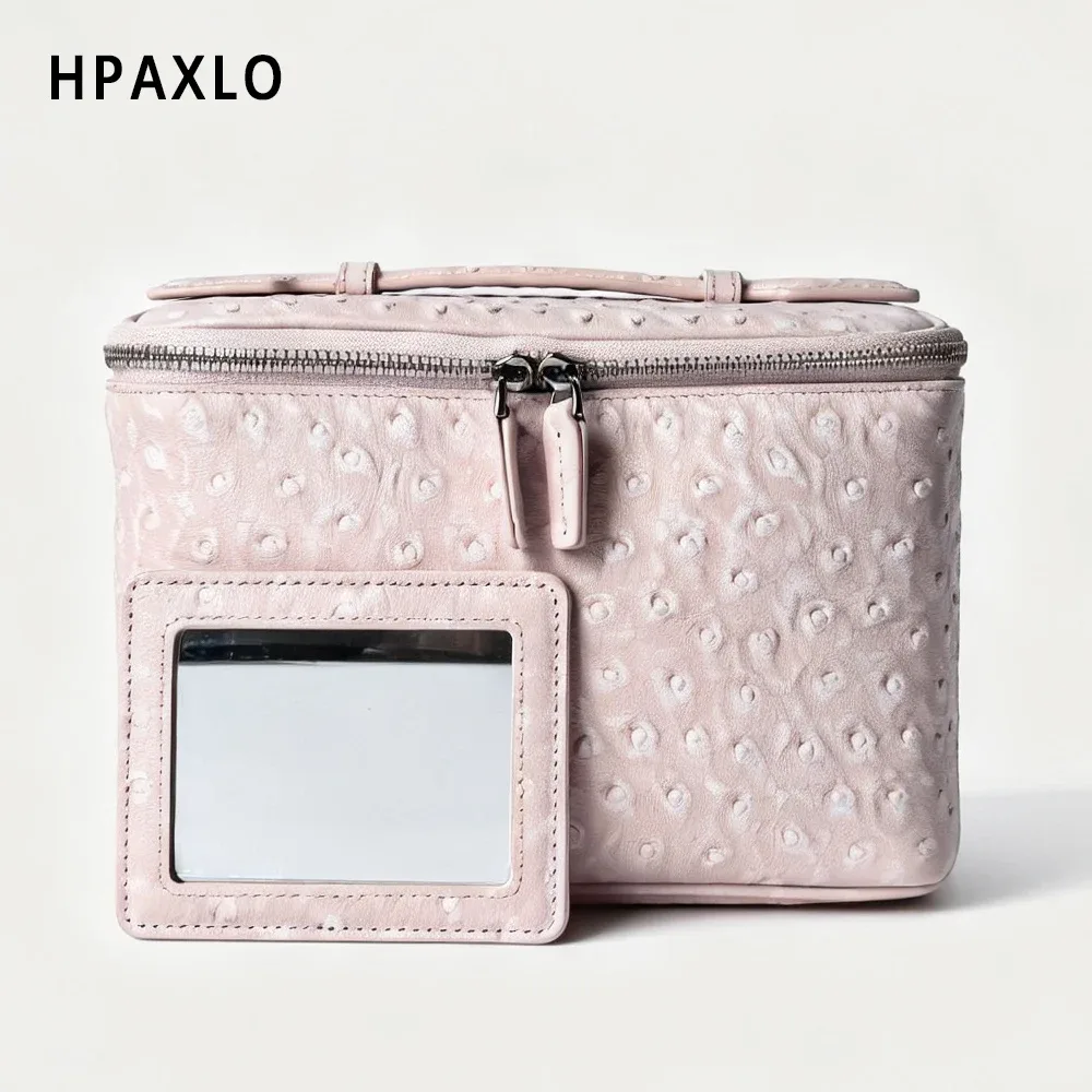 nouvelle trousse de maquillage en cuir d'autruche, organisateur de cosmétiques portable de voyage, rose neige, pour femmes, sac à main, trousse de toilette, pochette à cosmétiques