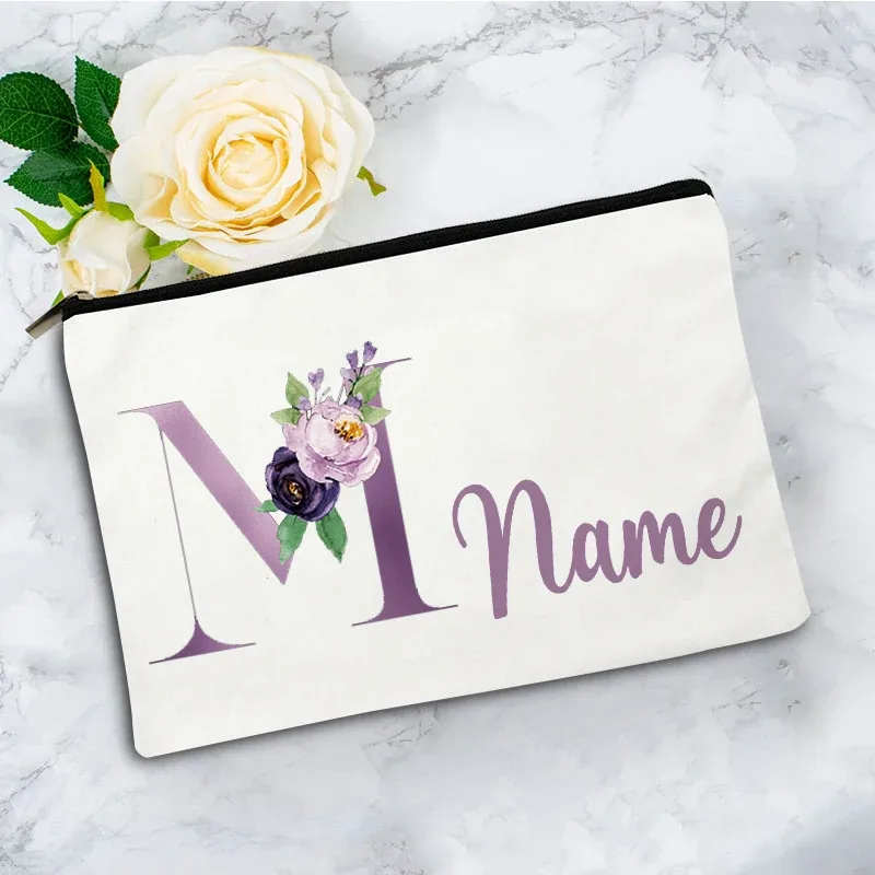 pochette de maquillage personnalisée violette à 26 motifs floraux, sac de toilette pour articles de voyage, cadeau de mariage ou d'anniversaire avec nom personnalisé