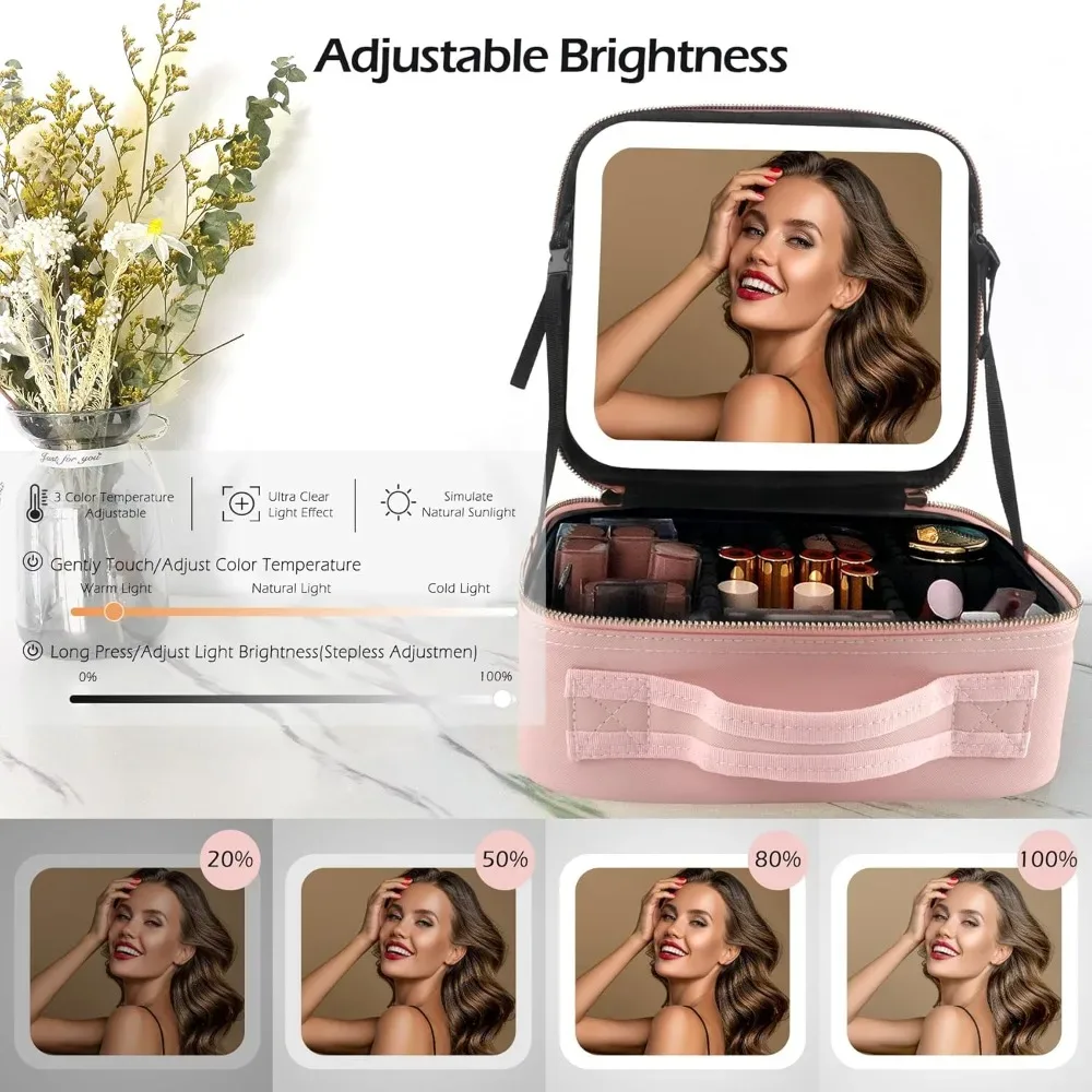 trousse de maquillage avec miroir led, grande mallette de voyage, organisateur de cosmétiques, sacs de maquillage avec 3 lumières colorées et séparateurs réglables