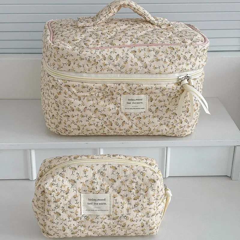 sac à cosmétiques vintage en velours côtelé pour femmes, sacs de rangement de voyage rétro pour dames, sacs à main portables, trousse de maquillage, pochette