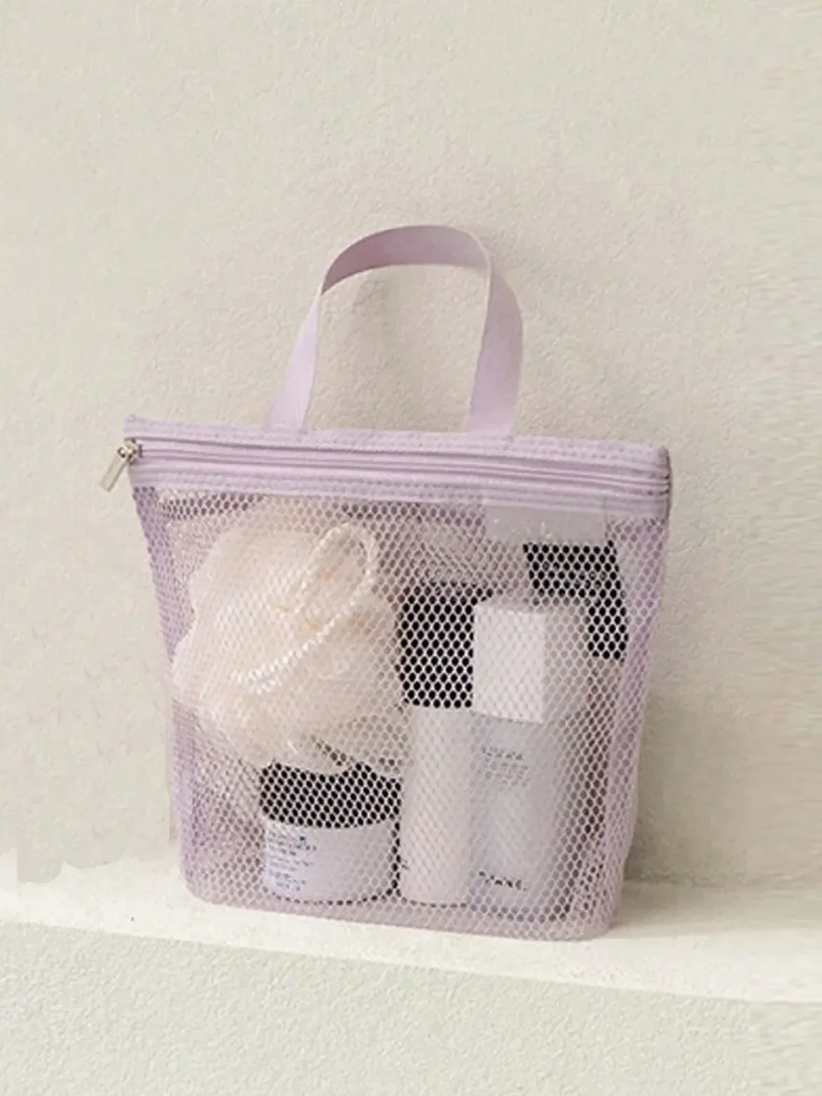 1 sac de douche en maille, sac de maquillage de voyage, sac de toilette portable de grande capacité, sac de rangement suspendu pour salle de bain, peut contenir du rouge à lèvres