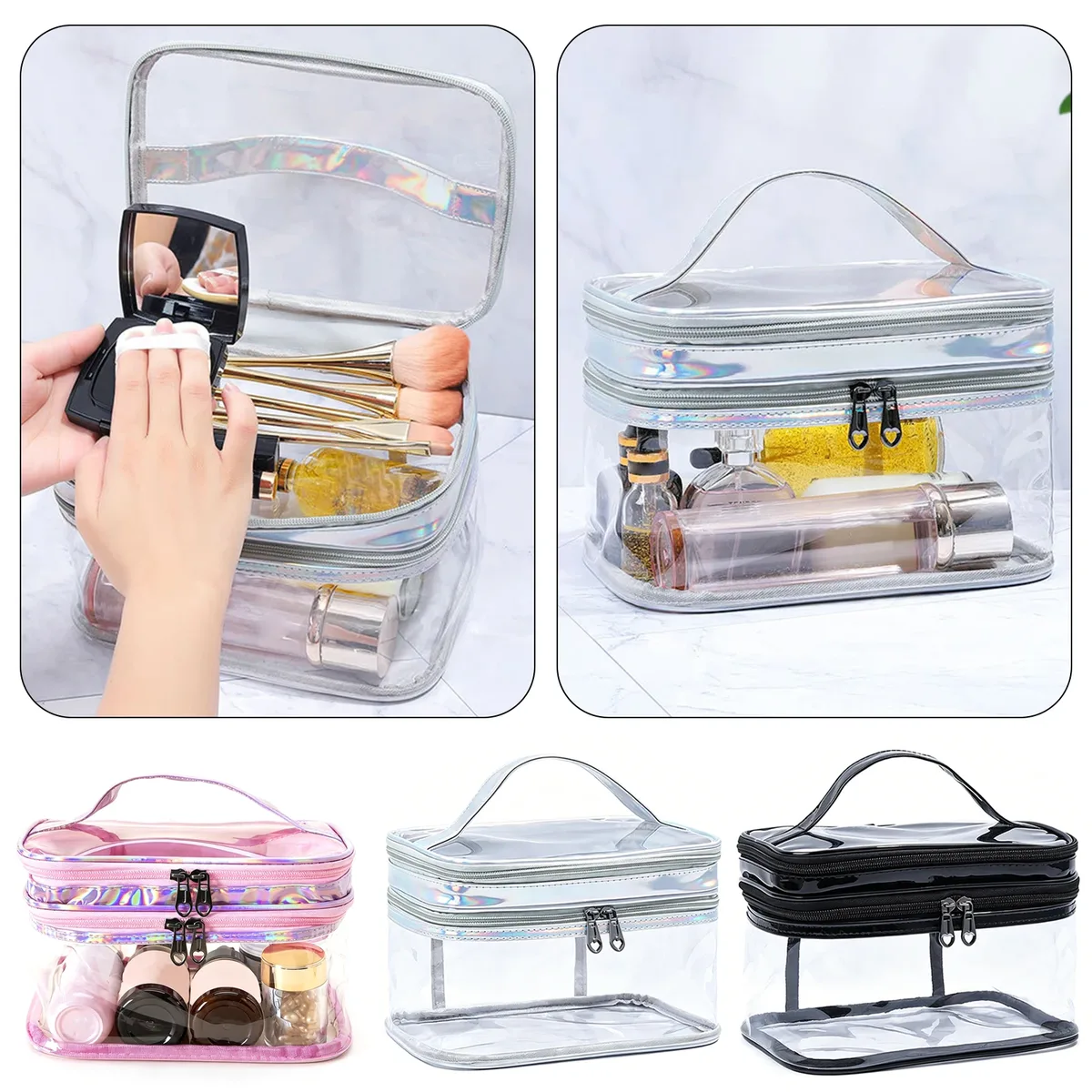 sac de maquillage transparent portable, sac à cosmétiques double couche en pvc, sac de toilette étanche de grande capacité, pochette de rangement de voyage transparente