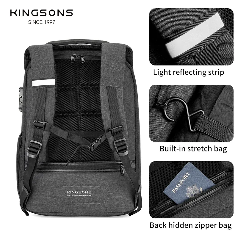 kingsons-sac à dos antivol pour hommes et femmes, sac d'école, sac à dos pour ordinateur portable 15.6 ", 17.3", sac de voyage à main mochila
