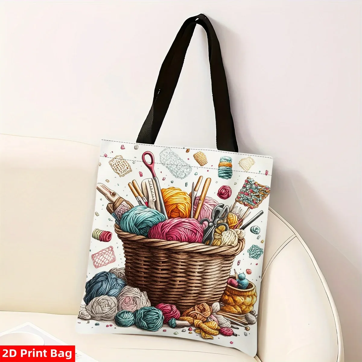 sac fourre-tout artisanal en crochet pour femmes, design imprimé 2d avec boules de fil, aiguilles et outils, sac à bandoulière décontracté en polyester durable