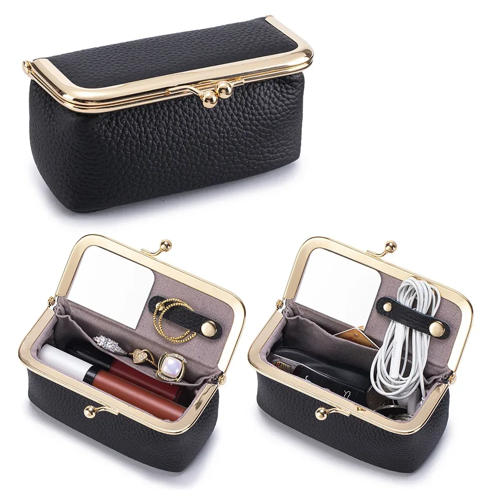 trousse de rangement portable en cuir pour femmes avec fermeture kiss-lock, miroir intégré, organiseur pour rouge à lèvres, bijoux, écouteurs, idéale pour les voyages