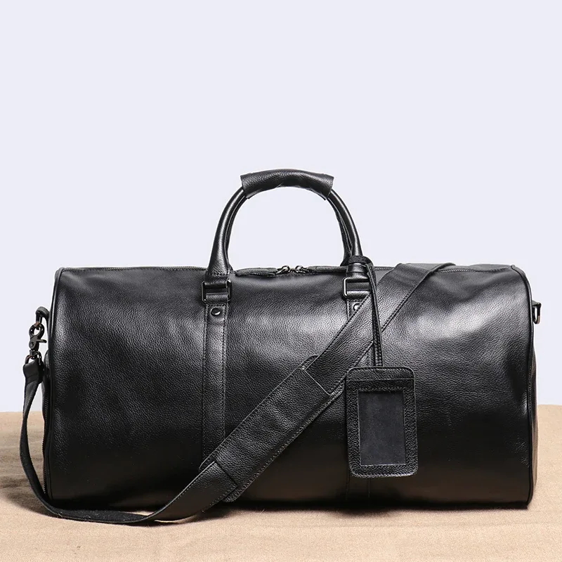 sac de voyage en cuir véritable pour hommes, sac de bagage à main décontracté, sac de fitness de grande capacité, poche à chaussures pour ordinateur portable de 18 pouces