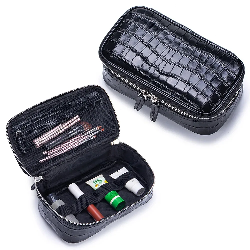 pochette de maquillage en cuir véritable à motif crocodile, grande capacité, portable, pour voyage, organiseur de toilette, sac à main, pochette cosmétique de luxe