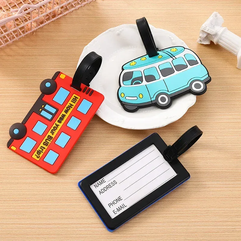 Étiquettes de bagage en Silicone PVC pour voitures de dessin animé mignon, étiquette de nom de bagage de voyage, sac de valise, carte d'embarquement, accessoires de voyage