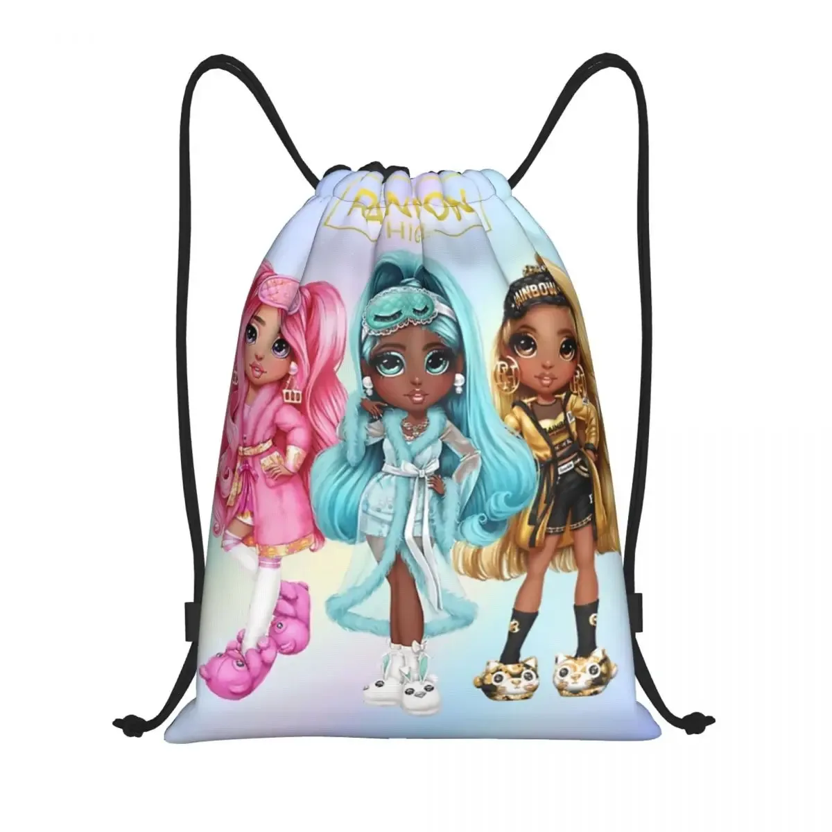 sac à dos personnalisé arc-en-ciel avec cordon de serrage pour pause d'hiver, sac de sport pour femmes et hommes, sac d'entraînement de dessin animé tv