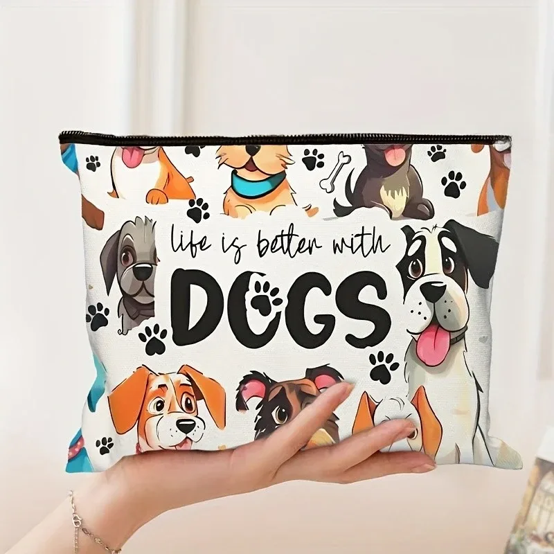 pochette de rangement pour cosmétiques et articles de toilette sur le thème du chien – imprimé de chien de dessin animé mignon avec empreintes de pattes et citation « la vie est meilleure avec les chiens »