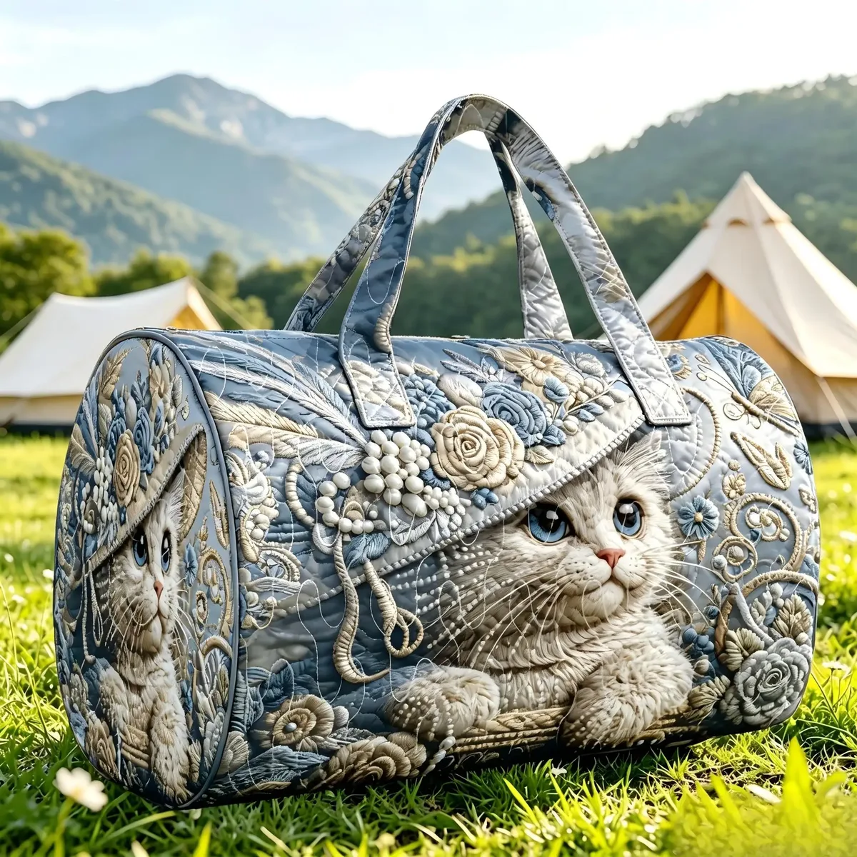 sac de voyage matelassé vintage imprimé chat, grande capacité, sac de week-end pour femme, sac à main vintage à motif floral et chat pour le camping et les voyages d'une nuit