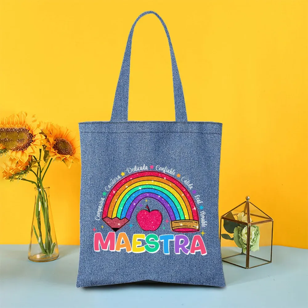 sac fourre-tout en denim peint pour enseignant arc-en-ciel, sacs de shopping pour femmes, sacs à main de voyage, fourre-tout pour la journée des enseignants, cadeaux de remerciement pour les enseignants