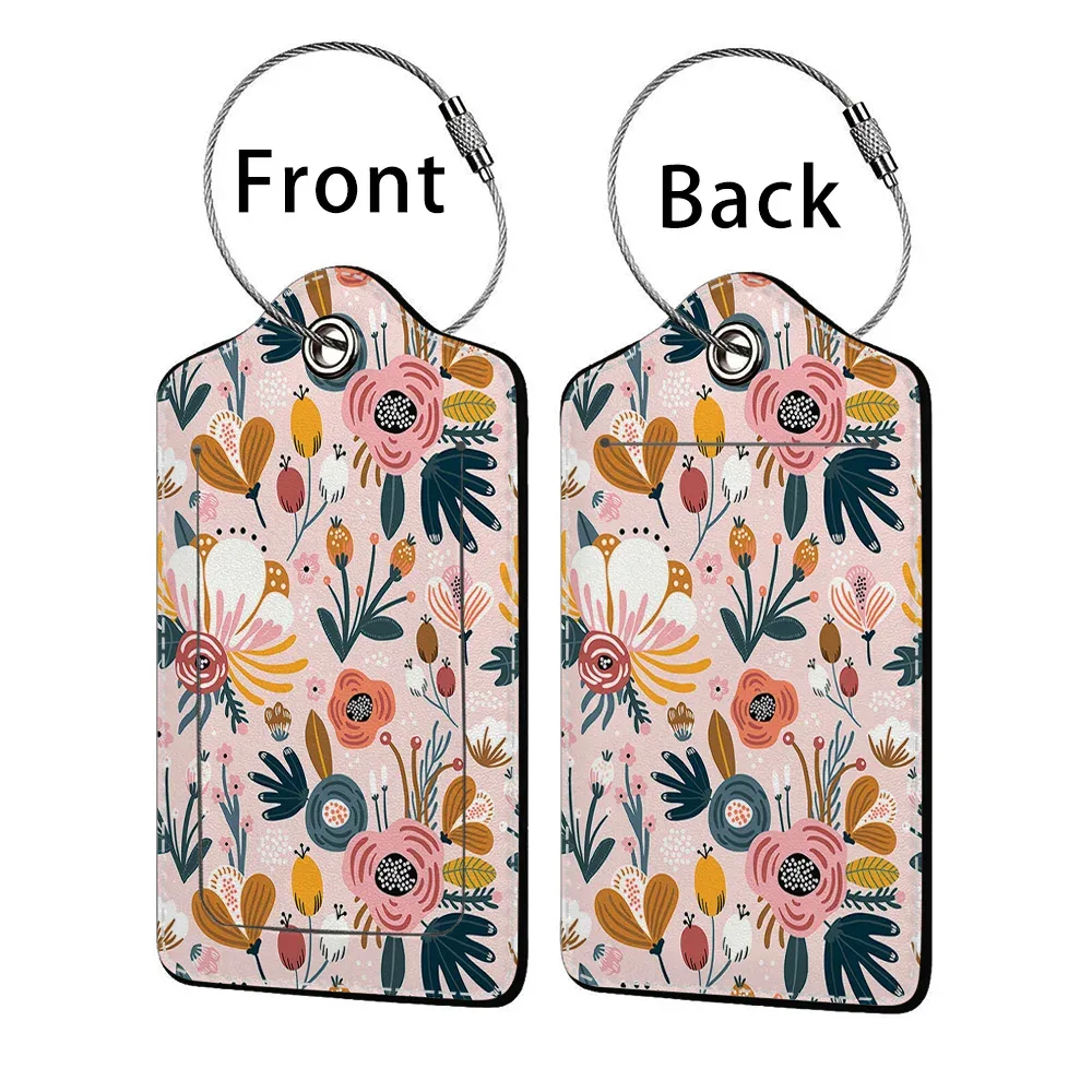étiquette bagage polyuréthane motif floral subtil fond beige anneau métallique voyage affaires identification nom adresse