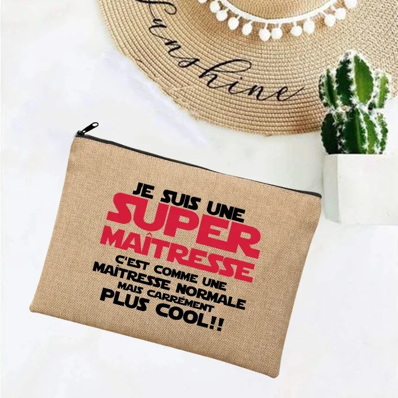 cadeau maitresse école cadeau maitresse trousse de maquillage sacs de maquillage en lin merci professeur impression française simple bracelet pochette plage papeterie stockage voyage organisateur étui cadeaux