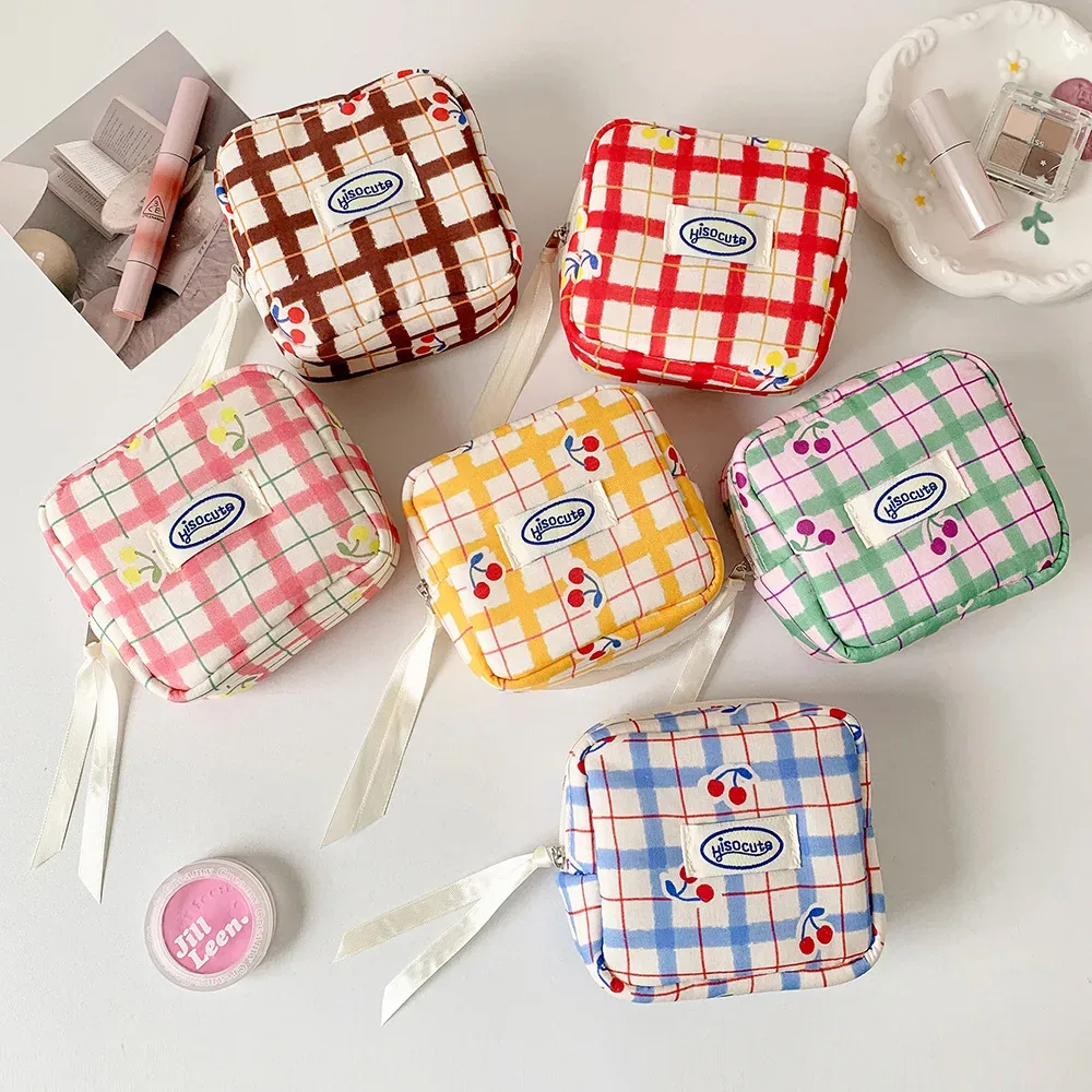 sacs de maquillage pour femmes, sacs à cosmétiques japonais à carreaux cerise dopamine doux kawaii, sac de rangement portable multifonctionnel pour filles