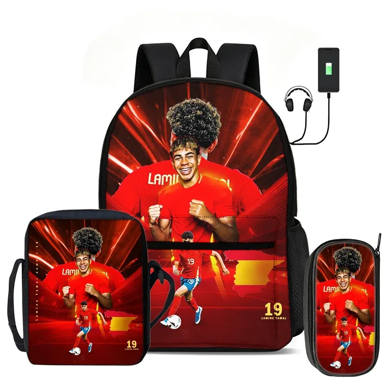 l-lamin yamal ensemble de 3 pièces : sac à dos, sac à bandoulière, trousse à crayons, sac à dos de sport pour enfants, motif star de football