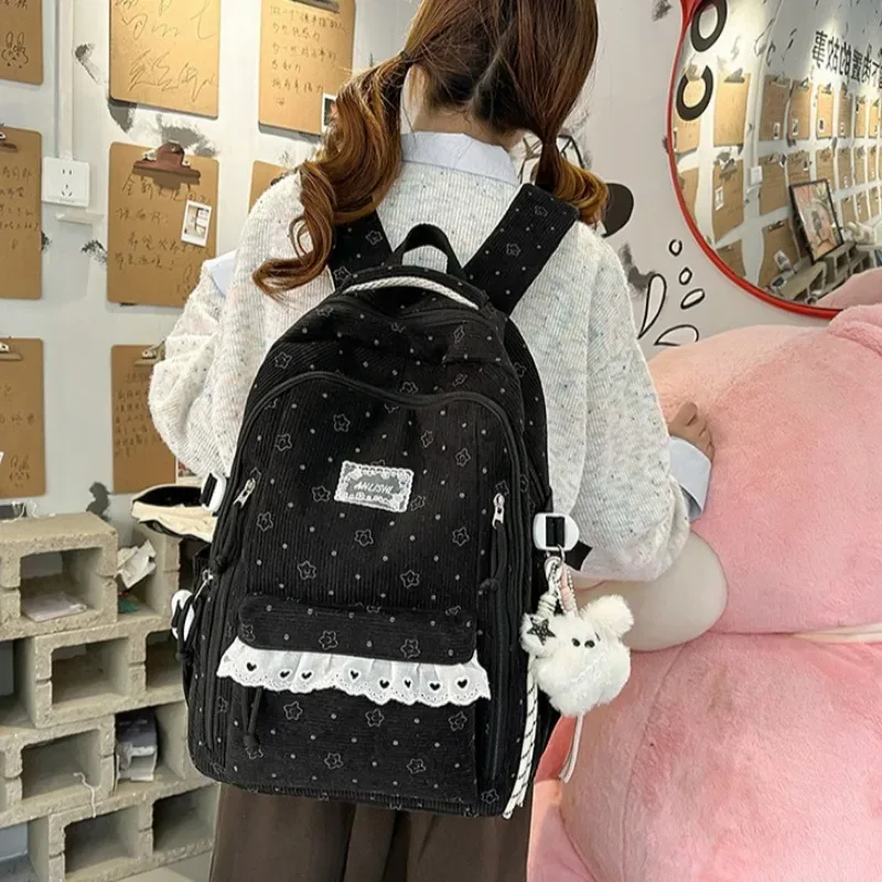 sac à dos d'hiver en velours côtelé, imprimé étoiles coréennes, avec dentelle, mignon, style mori girl, artistique, pour collégiennes