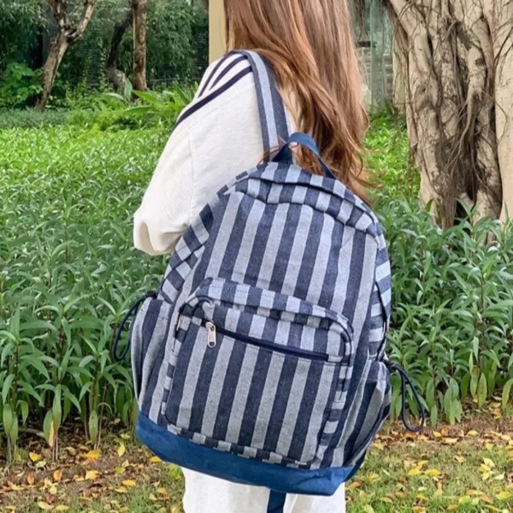 sac à dos à rayures grises de style coréen, multi-poches, léger, imprimé étoiles, bretelles réglables, pour les trajets quotidiens