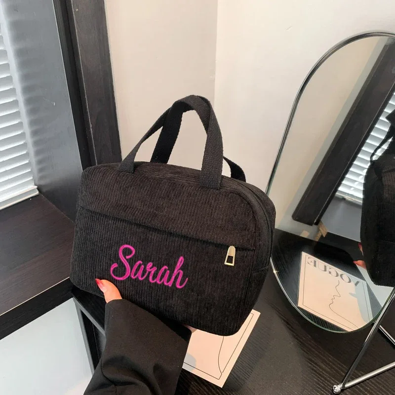 sac de maquillage personnalisé en velours côtelé brodé, sac de rangement de voyage portable multifonctionnel avec nom personnalisé, sac à main de loisirs