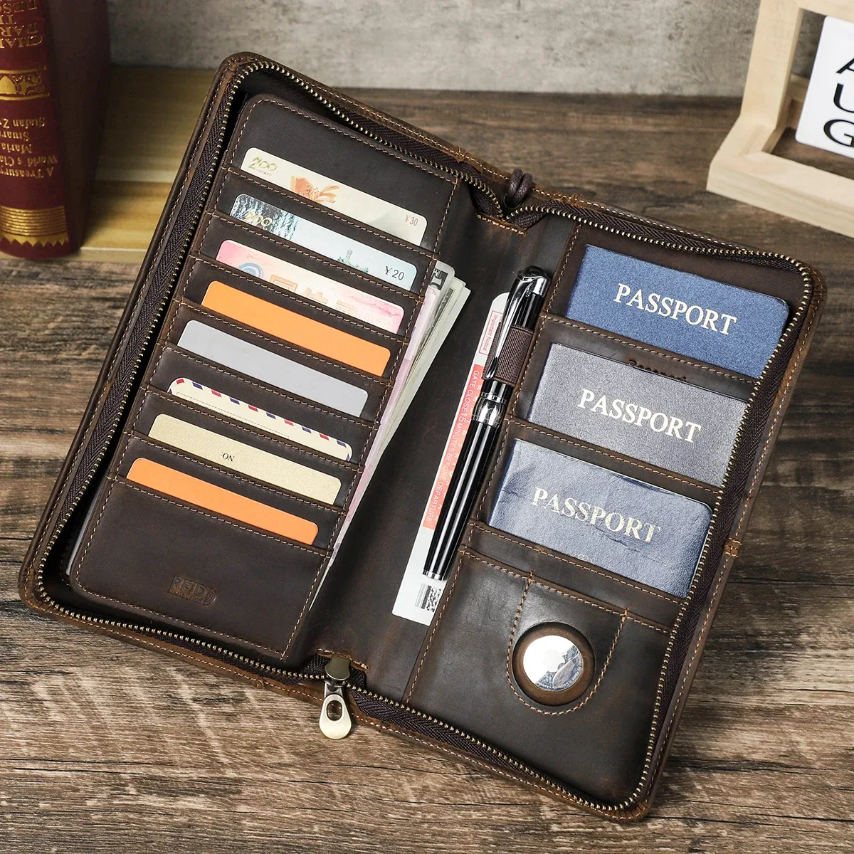 portefeuilles de voyage en cuir véritable contact's pour la famille, pochettes vintage pour hommes, étuis de passeport, porte-cartes, poche pour téléphone