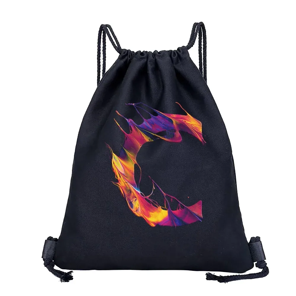 sac dos lin noir motif multicolore compact pliable cordon serrage poignées souple grande capacité sports plein air harajuku polyvalent