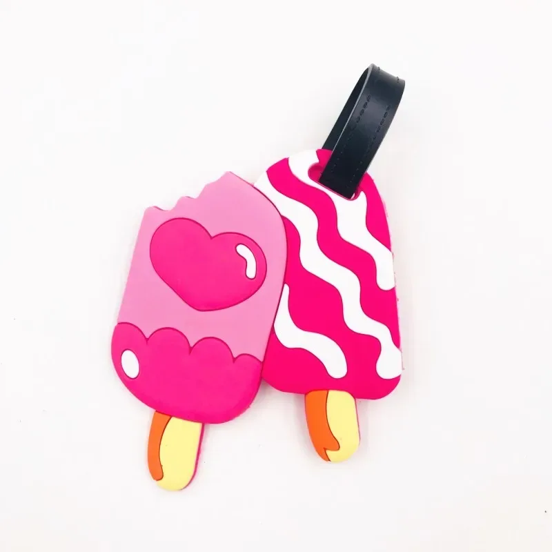 étiquette bagage plastique pvc silicone motifs dessin animé fruits animaux gâteaux licorne visages souriant coeurs avions rose blanc bleu vert jaune violet voyage