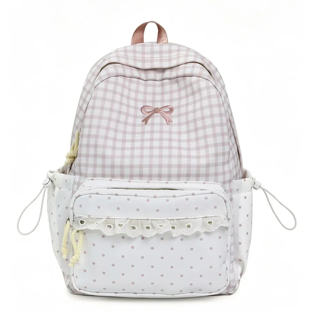sac à dos tendance à pois, avec nœud et bordure en dentelle à carreaux, léger, grande capacité, pour usage quotidien.