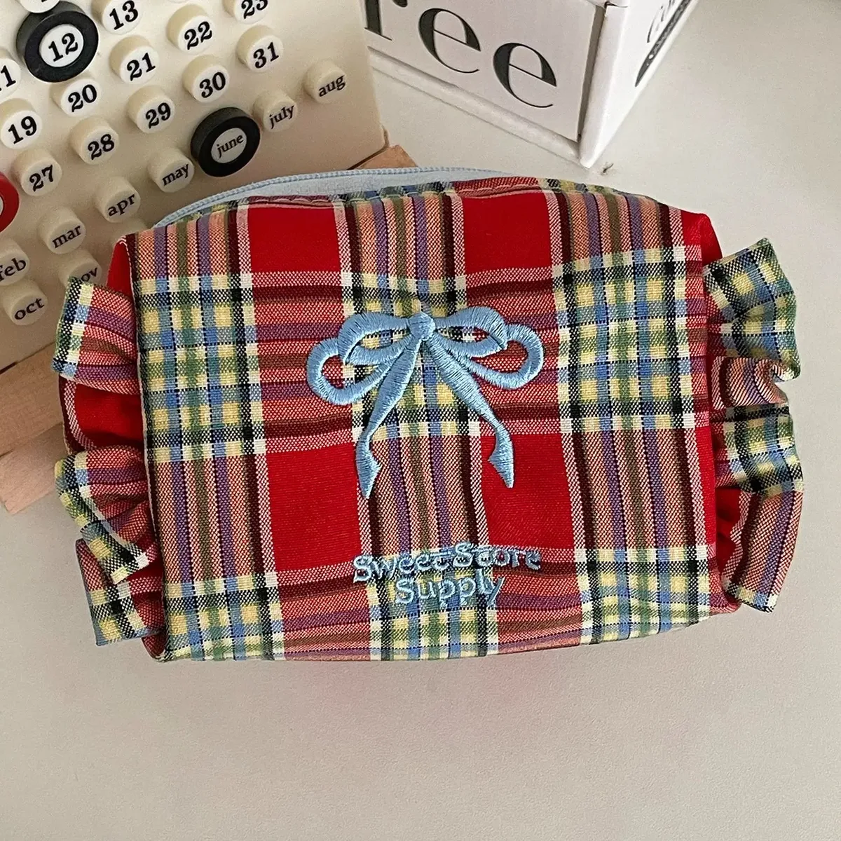 kawaii sac cosmétique plaid arc trousse de maquillage mignon petit sac fille style doux à volants maquillage trousse maquillage sac organisateur pochette
