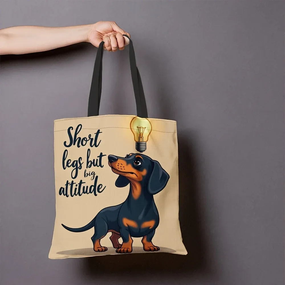 sac fourre-tout amusant en polyester durable à grande capacité avec motif de dessin animé teckel « jambes courtes, grande personnalité » pour les courses