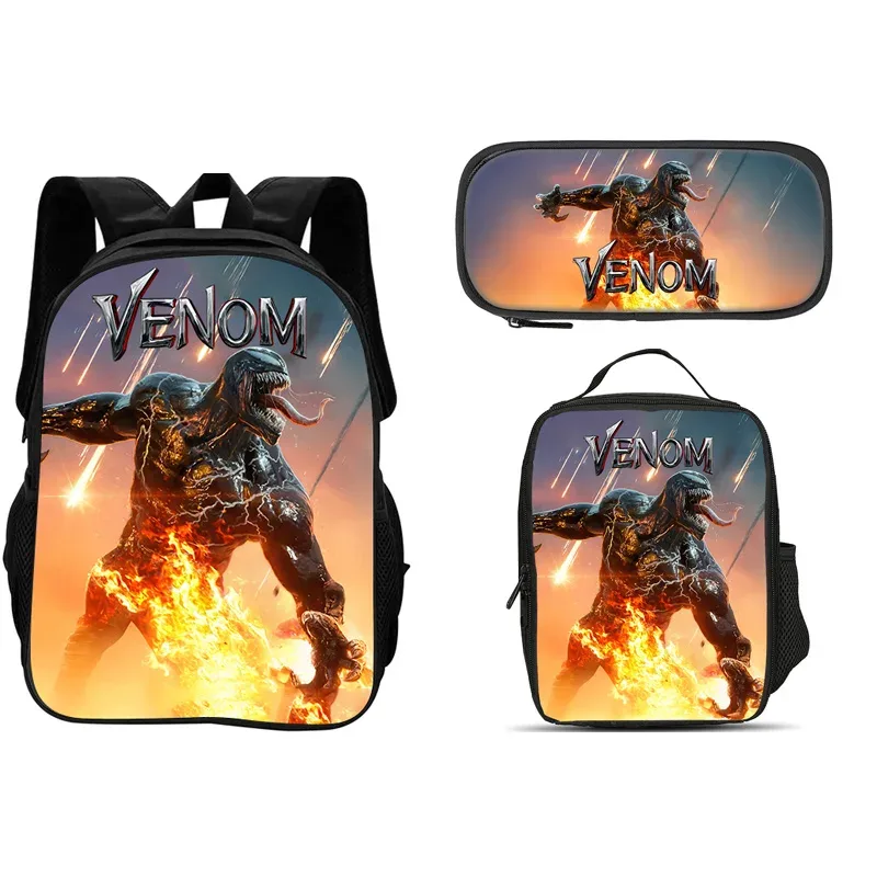 ensemble de 3 pièces du film venom : sac à dos + sac à lunch + trousse à crayons, papeterie de voyage à la mode, cadeau pour enfants, école, polyvalent