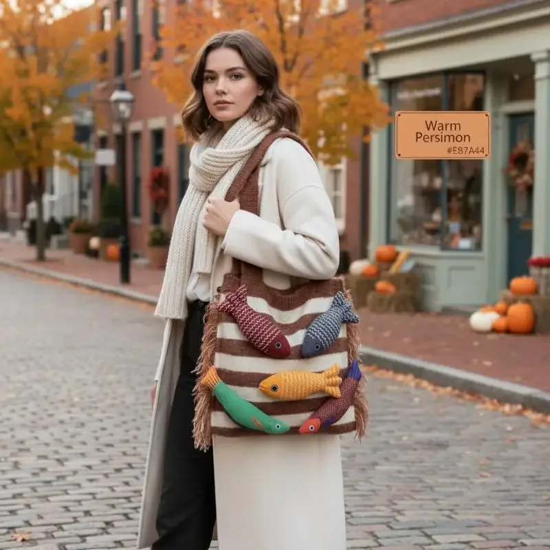 Sac fourre-tout tricoté décontracté motif petit poisson mignon, nouveauté été, sac à bandoulière polyvalent pour trajets quotidiens, avec découpes contrastées