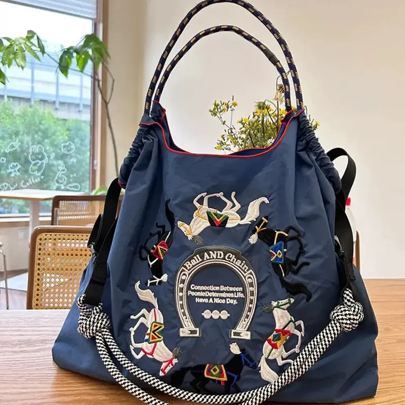 sac fourre-tout en nylon brodé pour femmes, sac messager de grande capacité, sac de shopping décontracté pour femmes